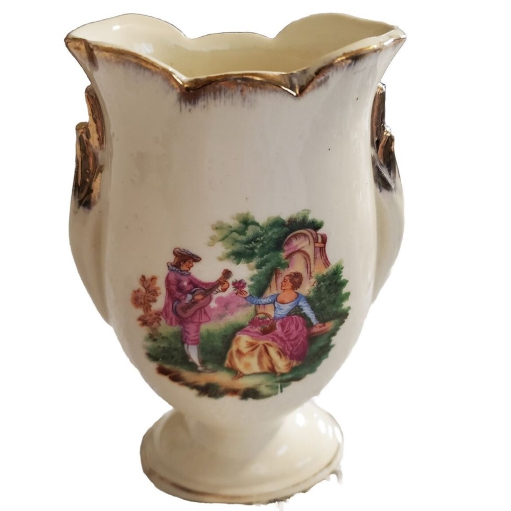 Porcelain Vase Japan Romantic Victorian Courting Couple Collector  VTG Gold Trim